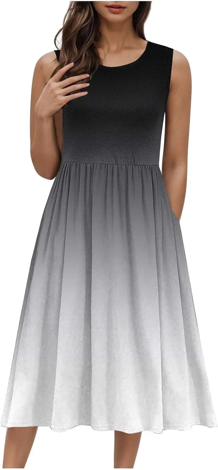 Maxi Dress for Women Gardient Print Crewneck Casual Sundress Flowy Swing Boho Beach Sundress Resort Wear 2025