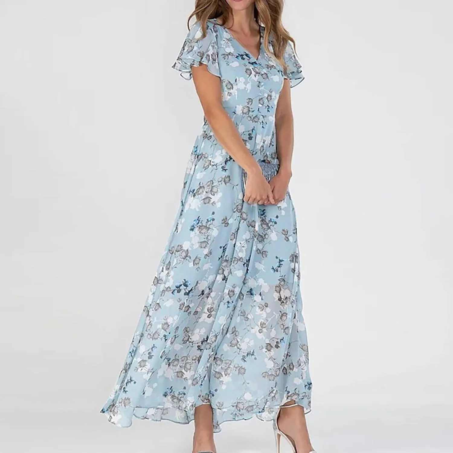 Maxi Dresses for Women Floral Print Flowy Chiffon Long Dress V Neck Ruffle Sleeve High Waist Vacation Summer Dress