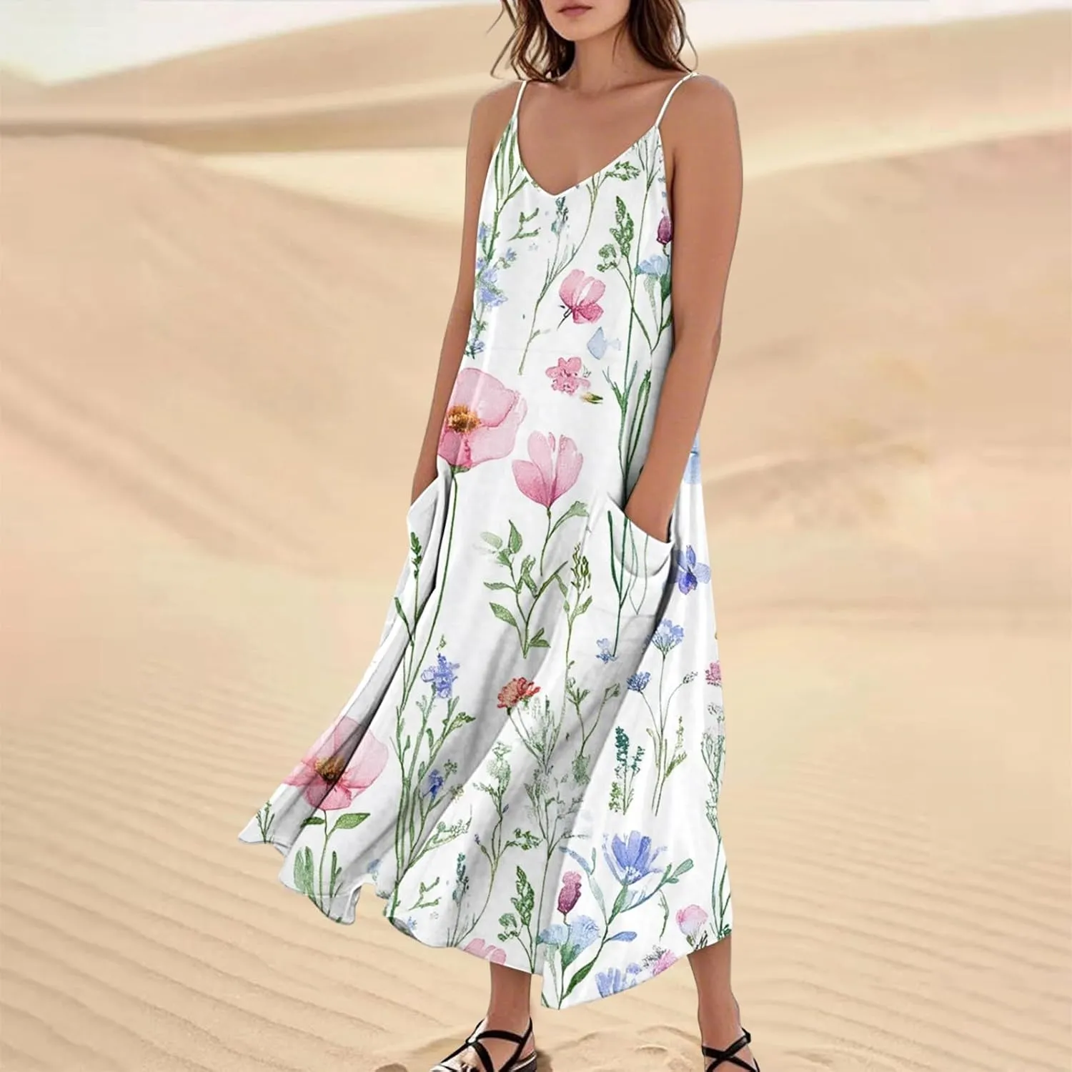 Maxi Dresses for Women Summer Sleeveless Beach Vacation Dress Printed O Neck Tank Dress Casual Sundress with Pockets