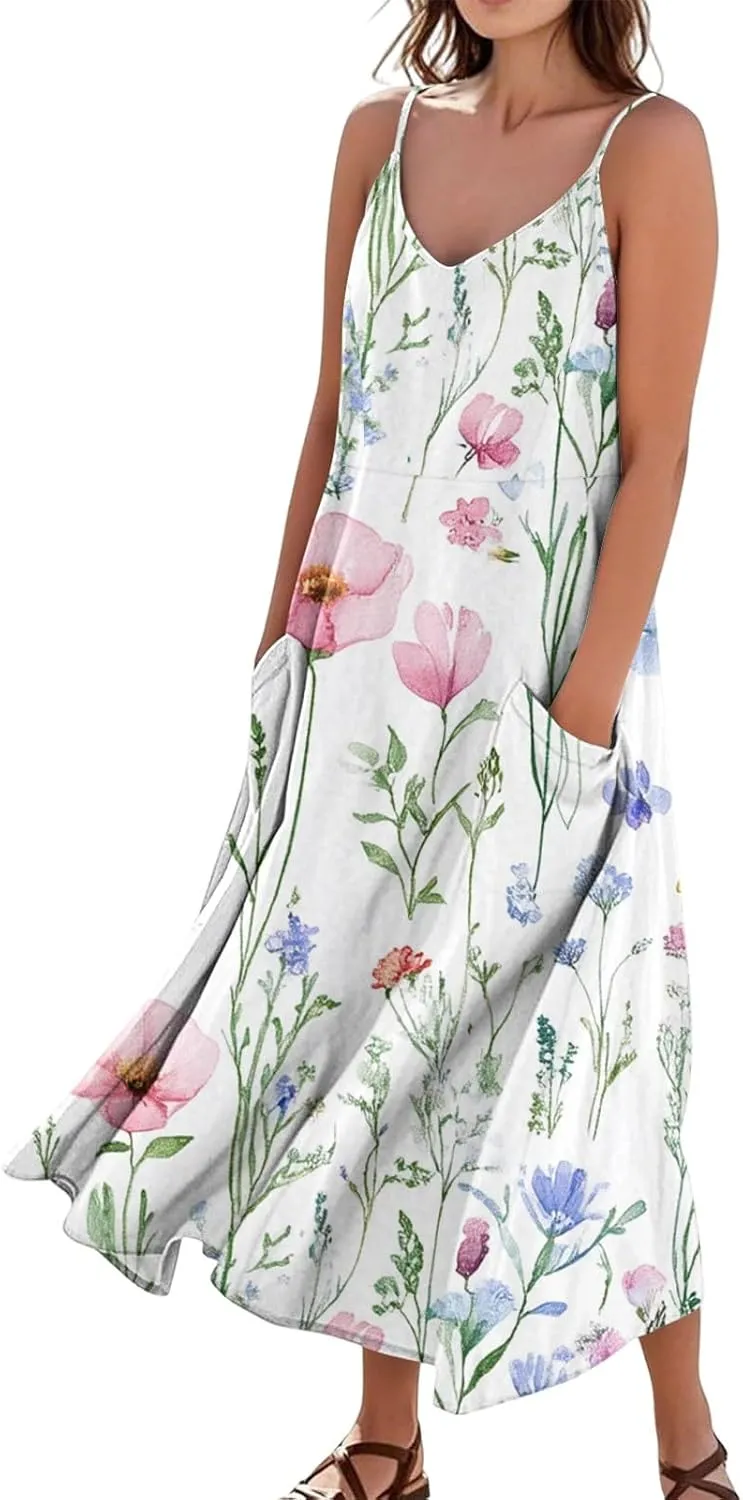 Maxi Dresses for Women Summer Sleeveless Beach Vacation Dress Printed O Neck Tank Dress Casual Sundress with Pockets