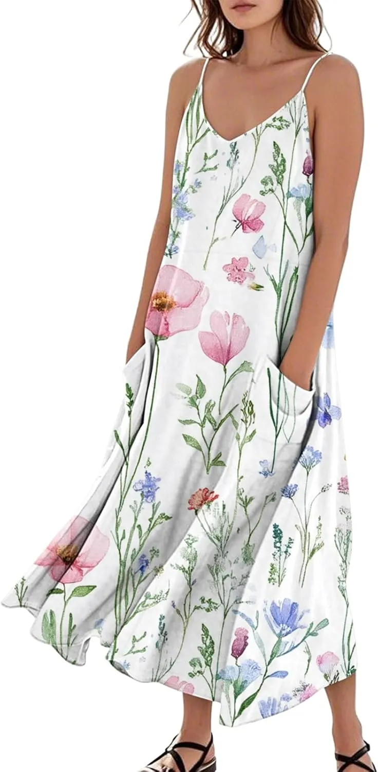 Maxi Dresses for Women Summer Sleeveless Beach Vacation Dress Printed O Neck Tank Dress Casual Sundress with Pockets