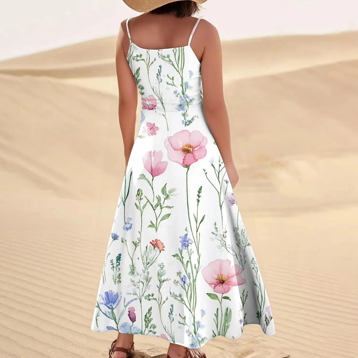 Maxi Dresses for Women Summer Sleeveless Beach Vacation Dress Printed O Neck Tank Dress Casual Sundress with Pockets