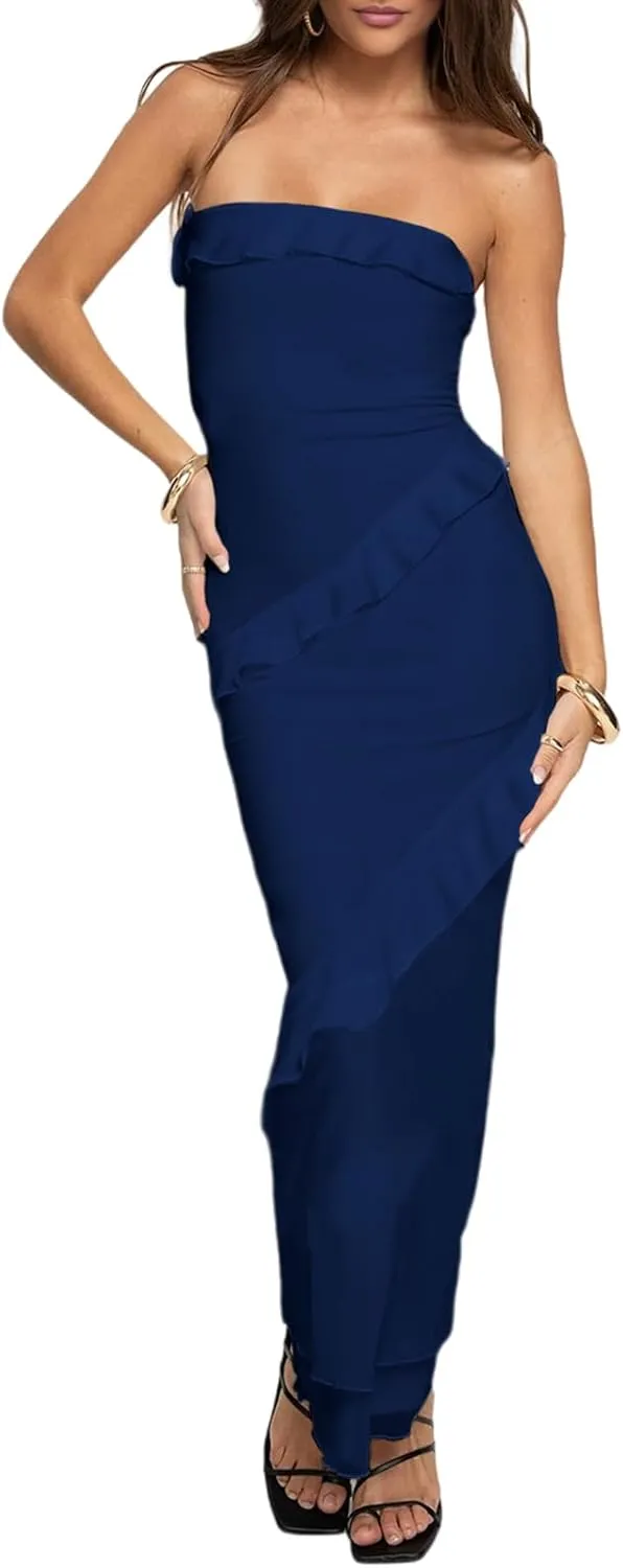 MAYFASEY Women's Strapless Bodycon Maxi Tube Top Dress Sexy Summer 2025 Stretch Mesh Ruffle Slim Party Cocktail Dresses