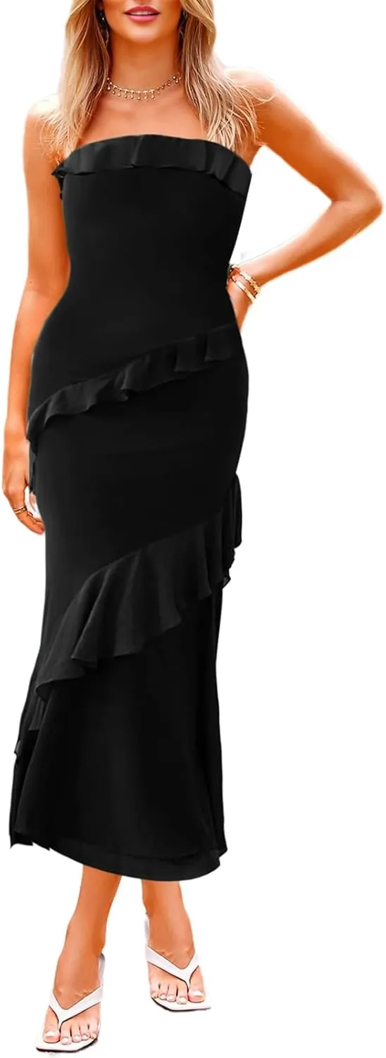MAYFASEY Women's Strapless Bodycon Maxi Tube Top Dress Sexy Summer 2025 Stretch Mesh Ruffle Slim Party Cocktail Dresses