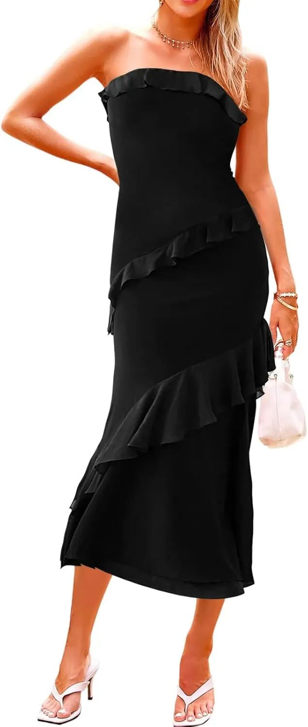 MAYFASEY Women's Strapless Bodycon Maxi Tube Top Dress Sexy Summer 2025 Stretch Mesh Ruffle Slim Party Cocktail Dresses