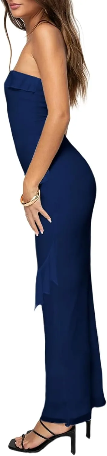 MAYFASEY Women's Strapless Bodycon Maxi Tube Top Dress Sexy Summer 2025 Stretch Mesh Ruffle Slim Party Cocktail Dresses