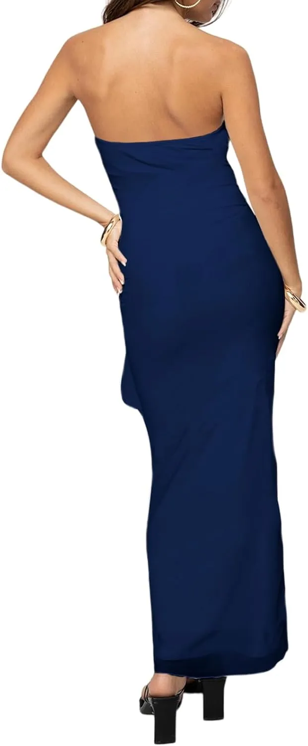 MAYFASEY Women's Strapless Bodycon Maxi Tube Top Dress Sexy Summer 2025 Stretch Mesh Ruffle Slim Party Cocktail Dresses