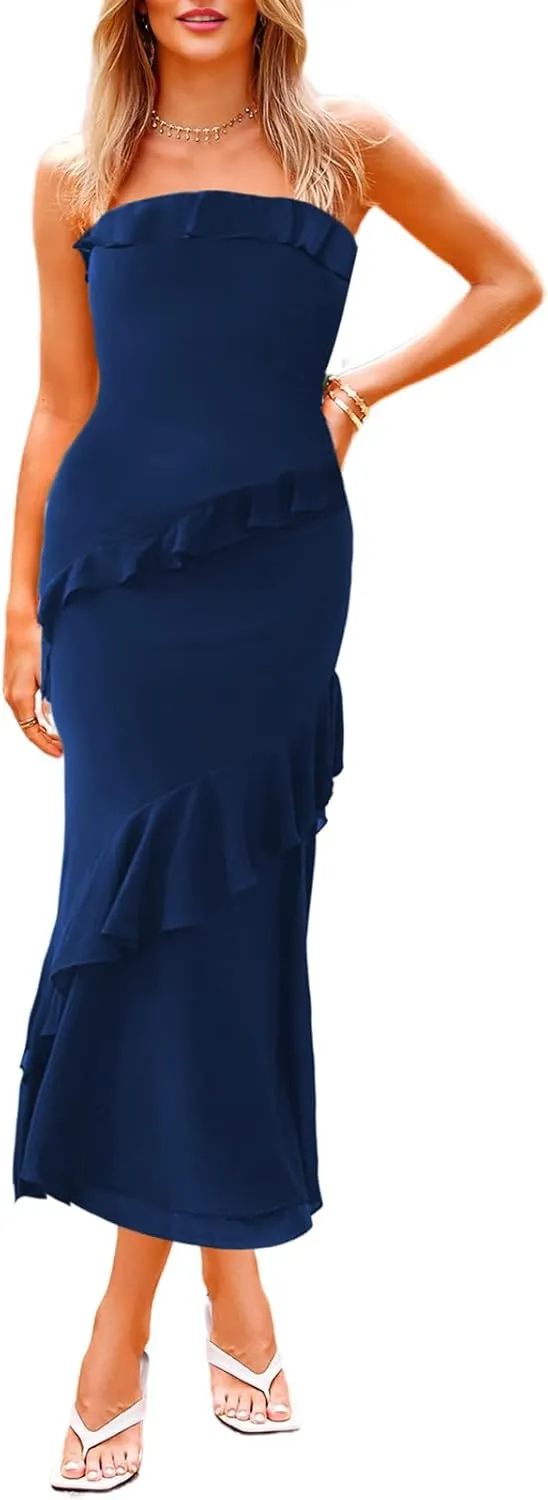 MAYFASEY Women's Strapless Bodycon Maxi Tube Top Dress Sexy Summer 2025 Stretch Mesh Ruffle Slim Party Cocktail Dresses