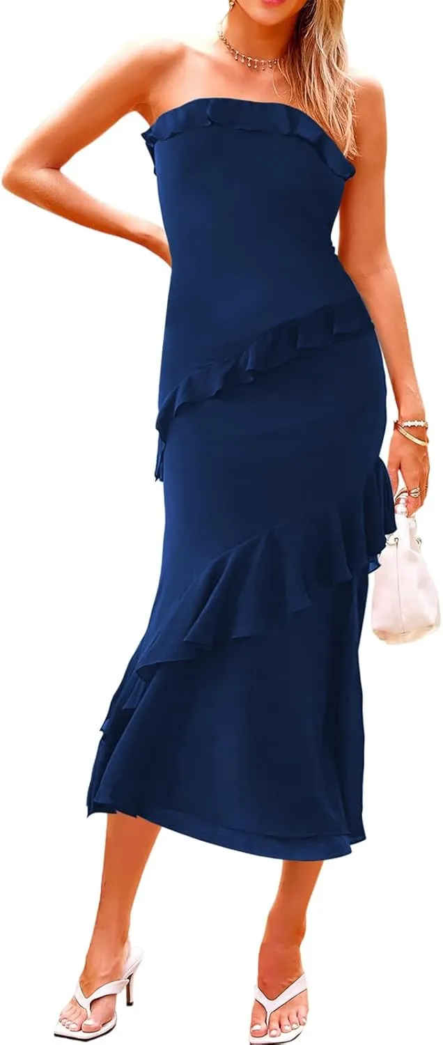 MAYFASEY Women's Strapless Bodycon Maxi Tube Top Dress Sexy Summer 2025 Stretch Mesh Ruffle Slim Party Cocktail Dresses