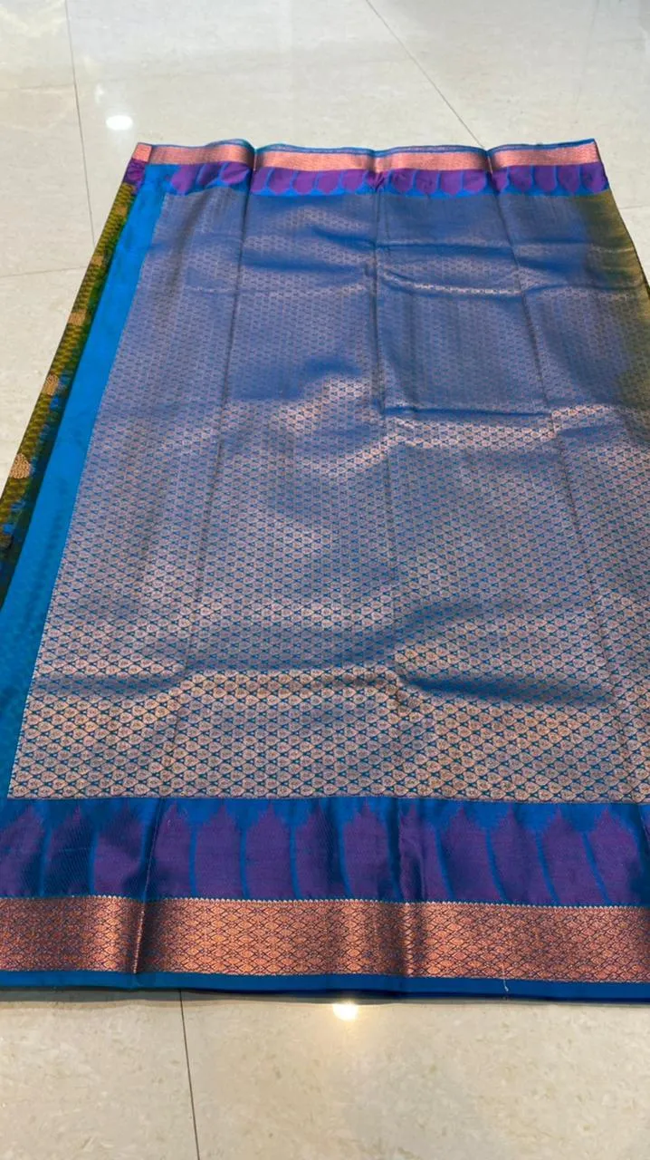 Mehandi green blue semi silk saree with blouse