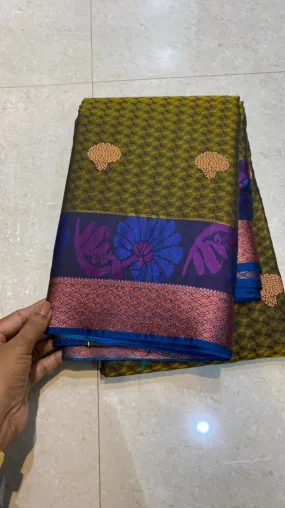 Mehandi green blue semi silk saree with blouse