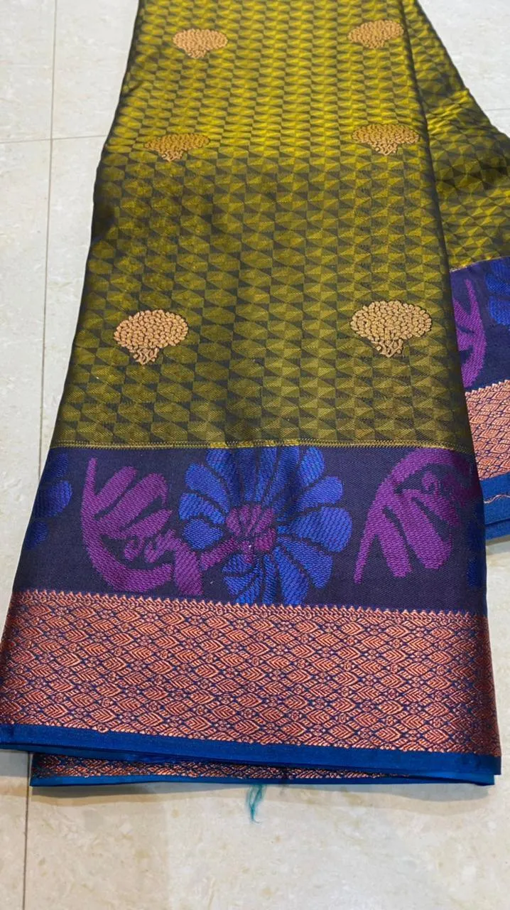 Mehandi green blue semi silk saree with blouse