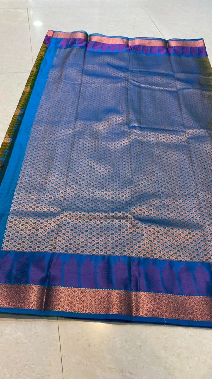 Mehandi green blue semi silk saree with blouse