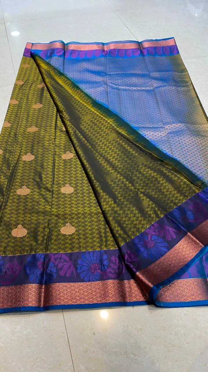 Mehandi green blue semi silk saree with blouse