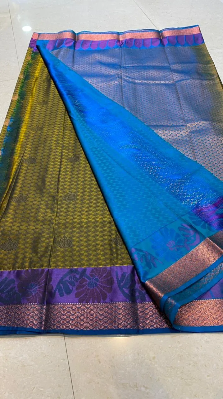Mehandi green blue semi silk saree with blouse