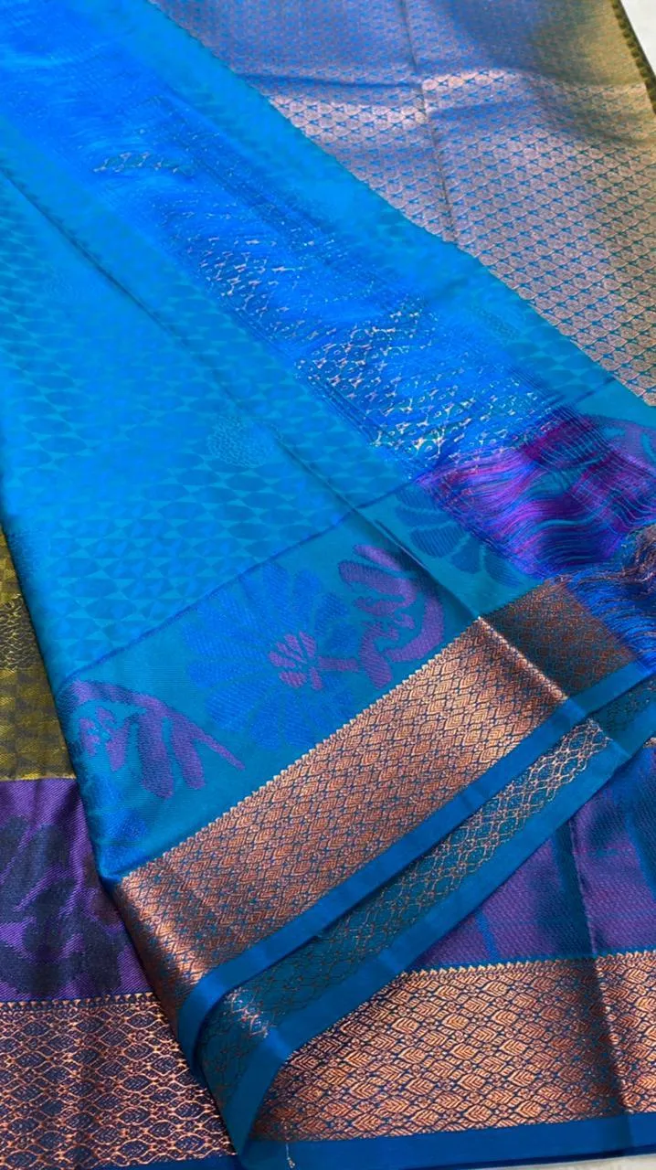 Mehandi green blue semi silk saree with blouse