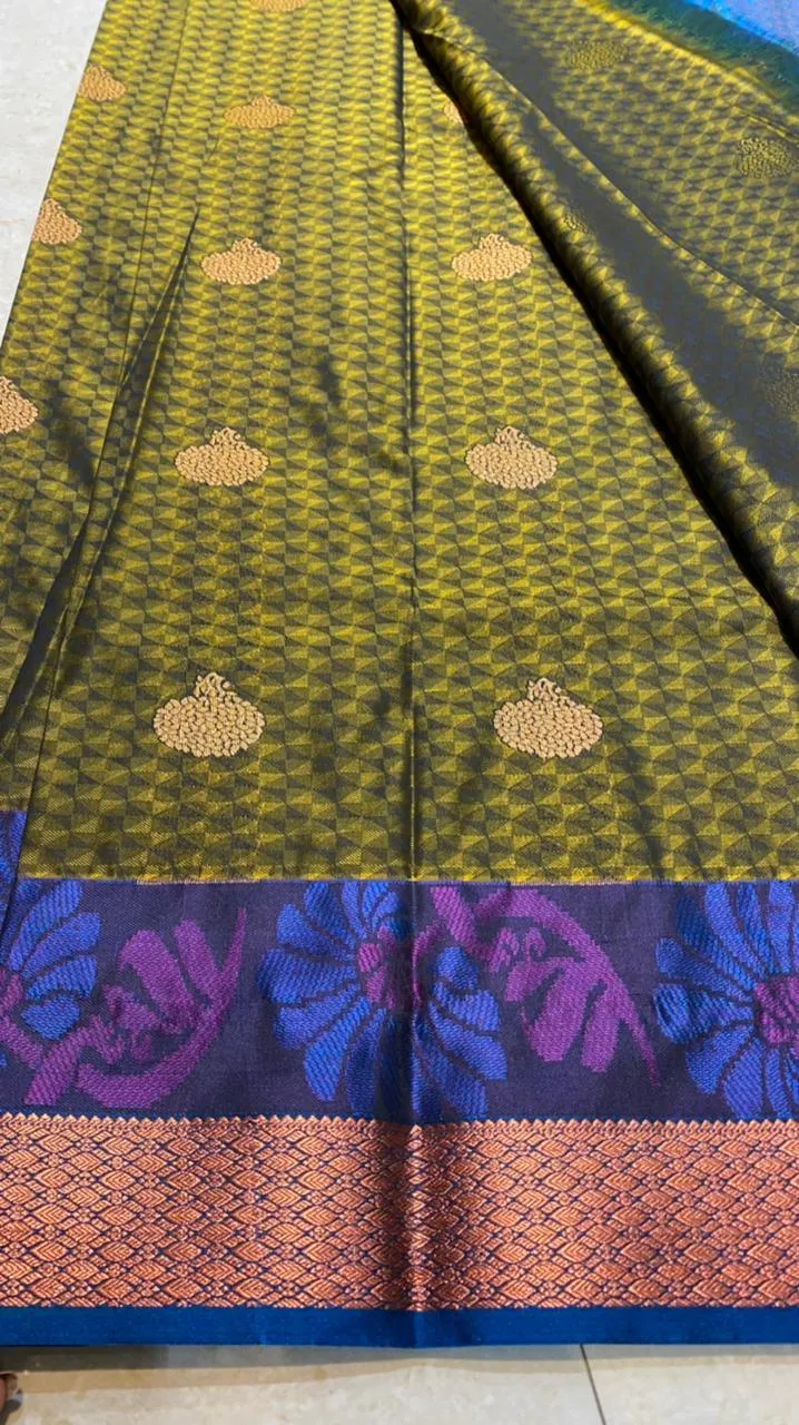 Mehandi green blue semi silk saree with blouse
