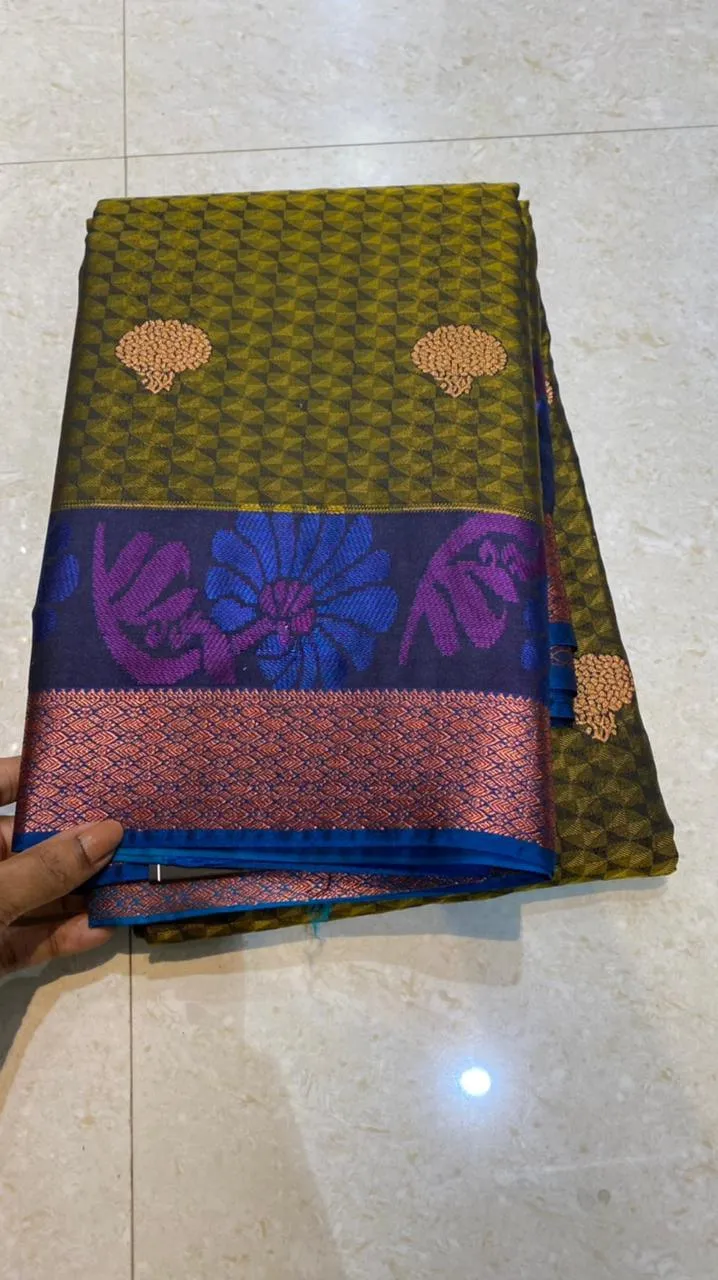 Mehandi green blue semi silk saree with blouse