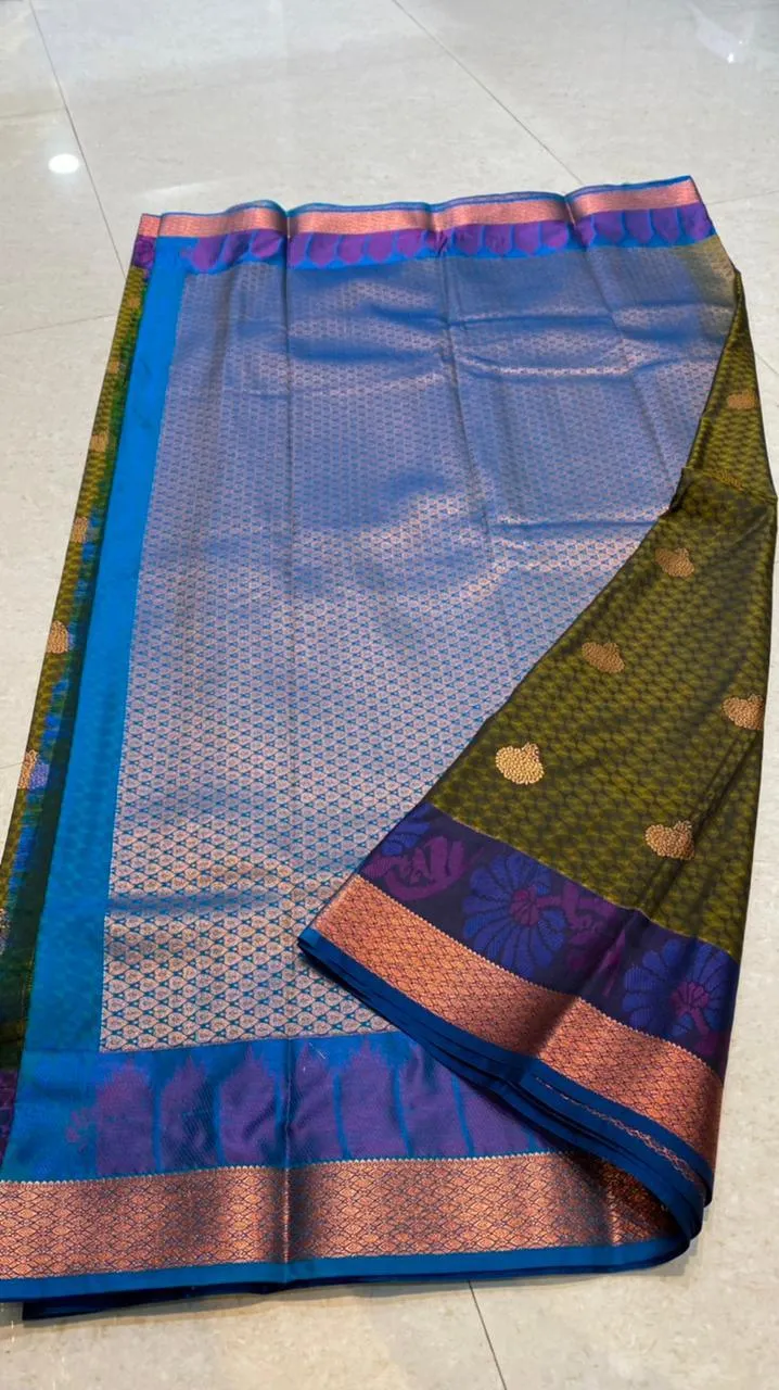 Mehandi green blue semi silk saree with blouse
