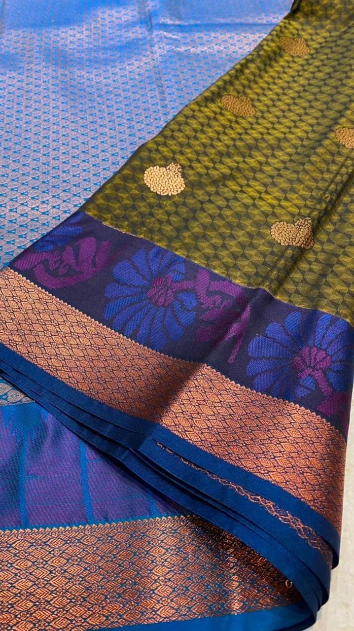 Mehandi green blue semi silk saree with blouse