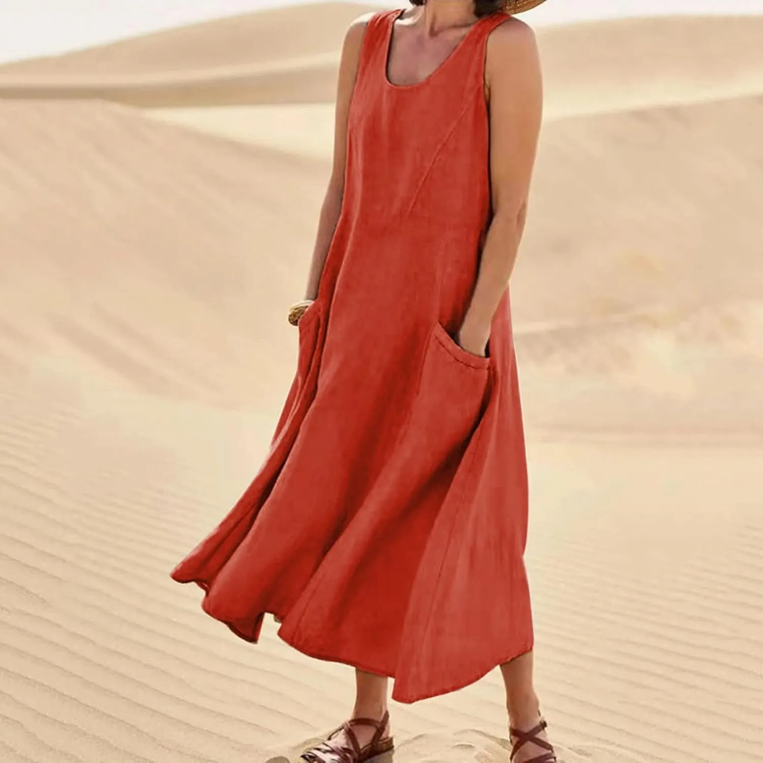 Midi Dresses for Women 2024 Casual Cotton Linen Sundress with Pockets Crew Neck Loose Solid Sun Dress Summer Dress