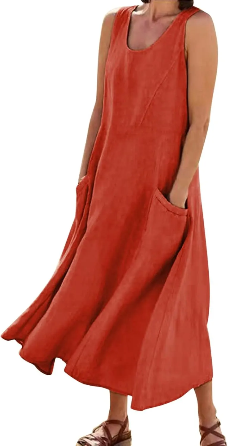 Midi Dresses for Women 2024 Casual Cotton Linen Sundress with Pockets Crew Neck Loose Solid Sun Dress Summer Dress