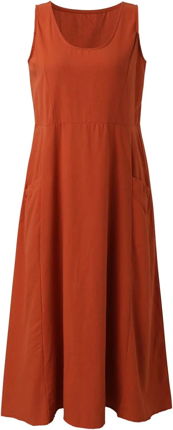 Midi Dresses for Women 2024 Casual Cotton Linen Sundress with Pockets Crew Neck Loose Solid Sun Dress Summer Dress