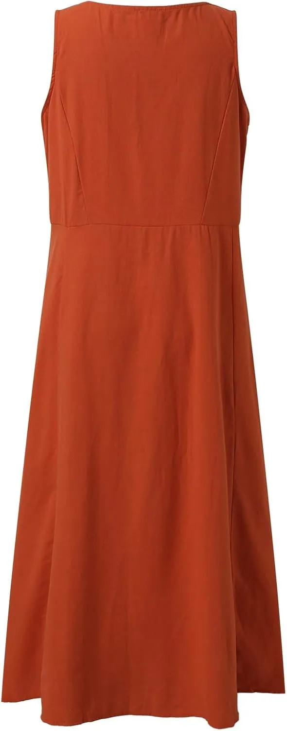 Midi Dresses for Women 2024 Casual Cotton Linen Sundress with Pockets Crew Neck Loose Solid Sun Dress Summer Dress