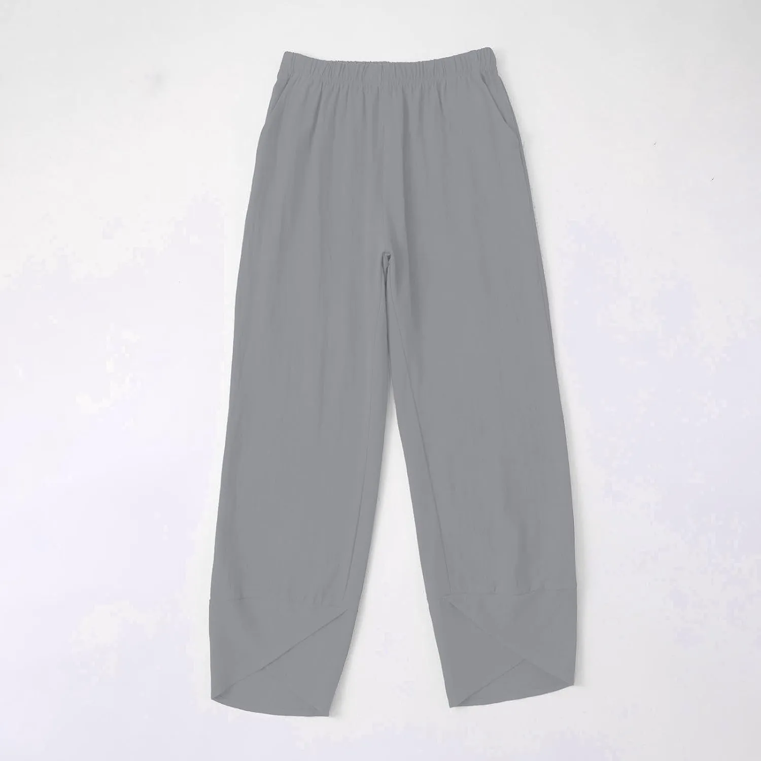 Miyaomn Linen Pants for Women Casual Summer Elastic Waist Capri Pants Solid Color Loose Wide Leg Cropped Trousers with Pocket