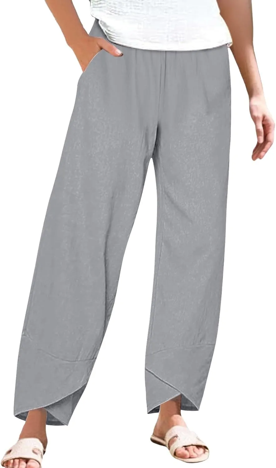 Miyaomn Linen Pants for Women Casual Summer Elastic Waist Capri Pants Solid Color Loose Wide Leg Cropped Trousers with Pocket