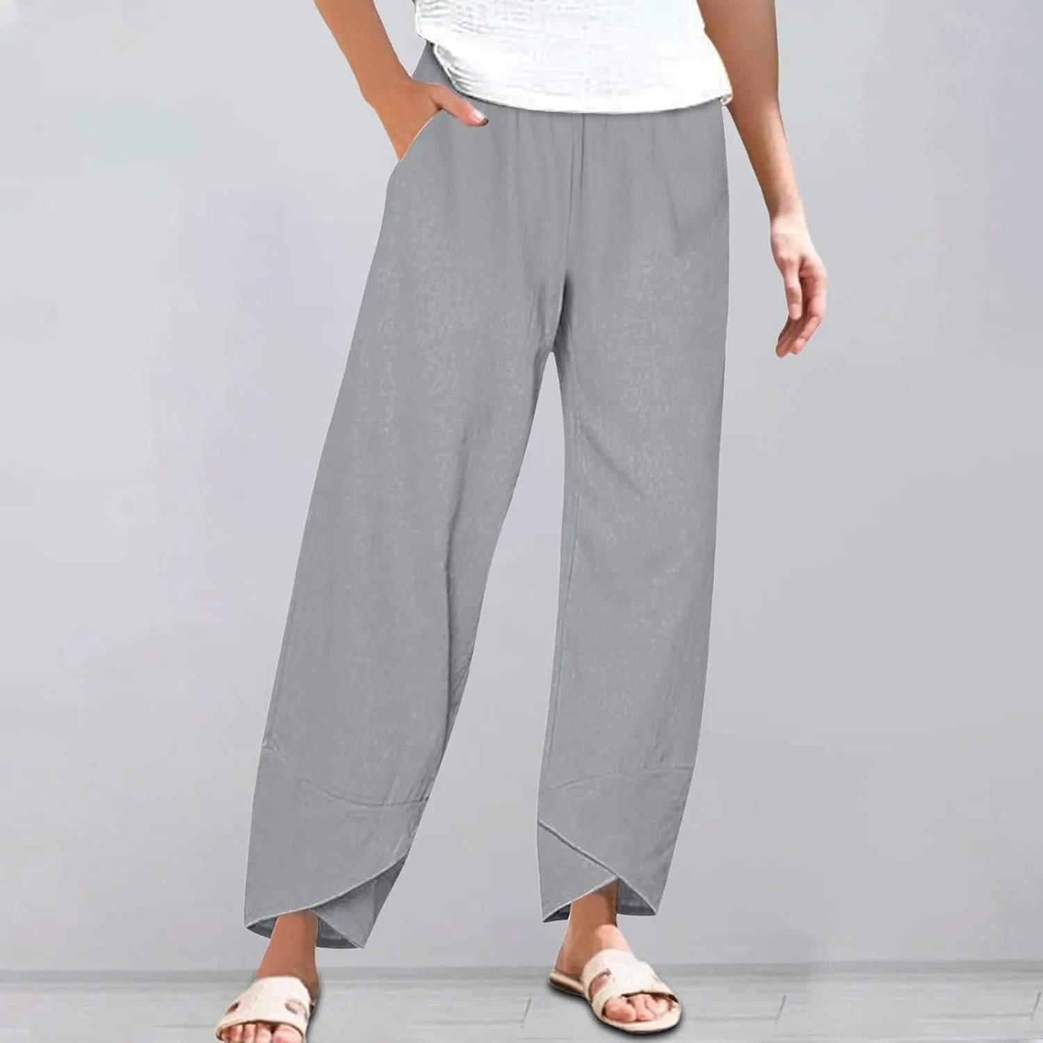 Miyaomn Linen Pants for Women Casual Summer Elastic Waist Capri Pants Solid Color Loose Wide Leg Cropped Trousers with Pocket