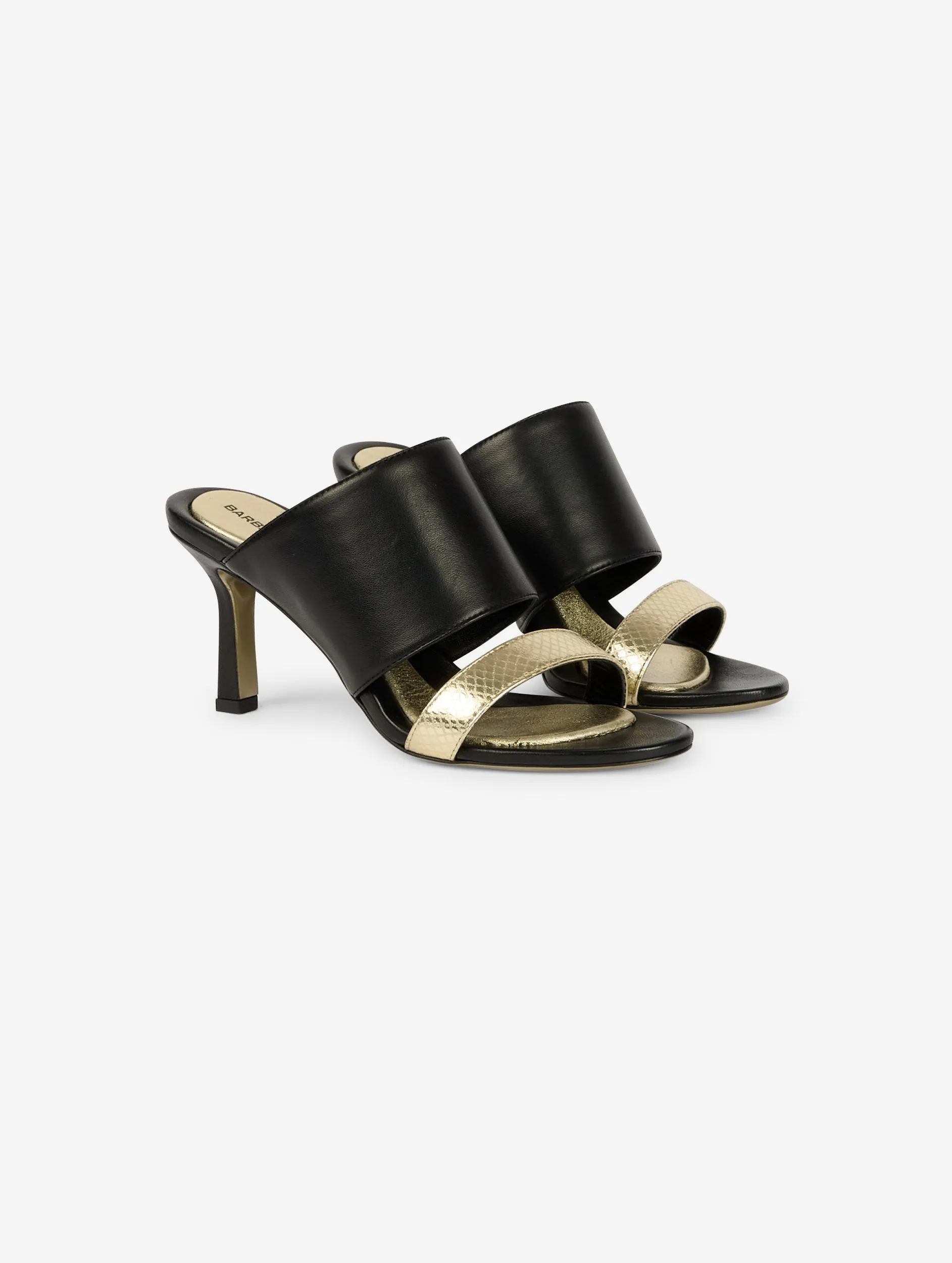 Mules à talon en cuir noir et or