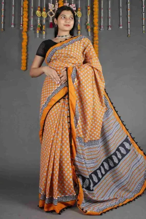 MUSTARD & BLACK SANGANERI COTTON MUL MUL PRINTED 1 MINUTE SAREE WITH POMPOM