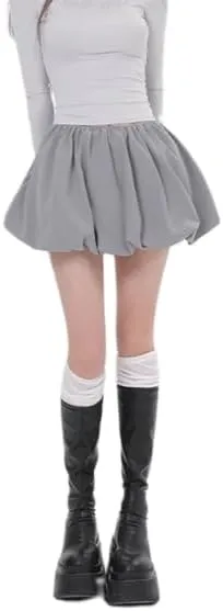 NUFIWI Y2K Bubble Mini Skirts for Women Cute Ruffled Balloon Short Skirts Elastic Waist Pleated A Line Flared Puffy Skirts