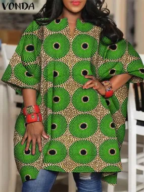 Plus Size Bohemian Printed Bat Sleeve Casual Loose Blouse