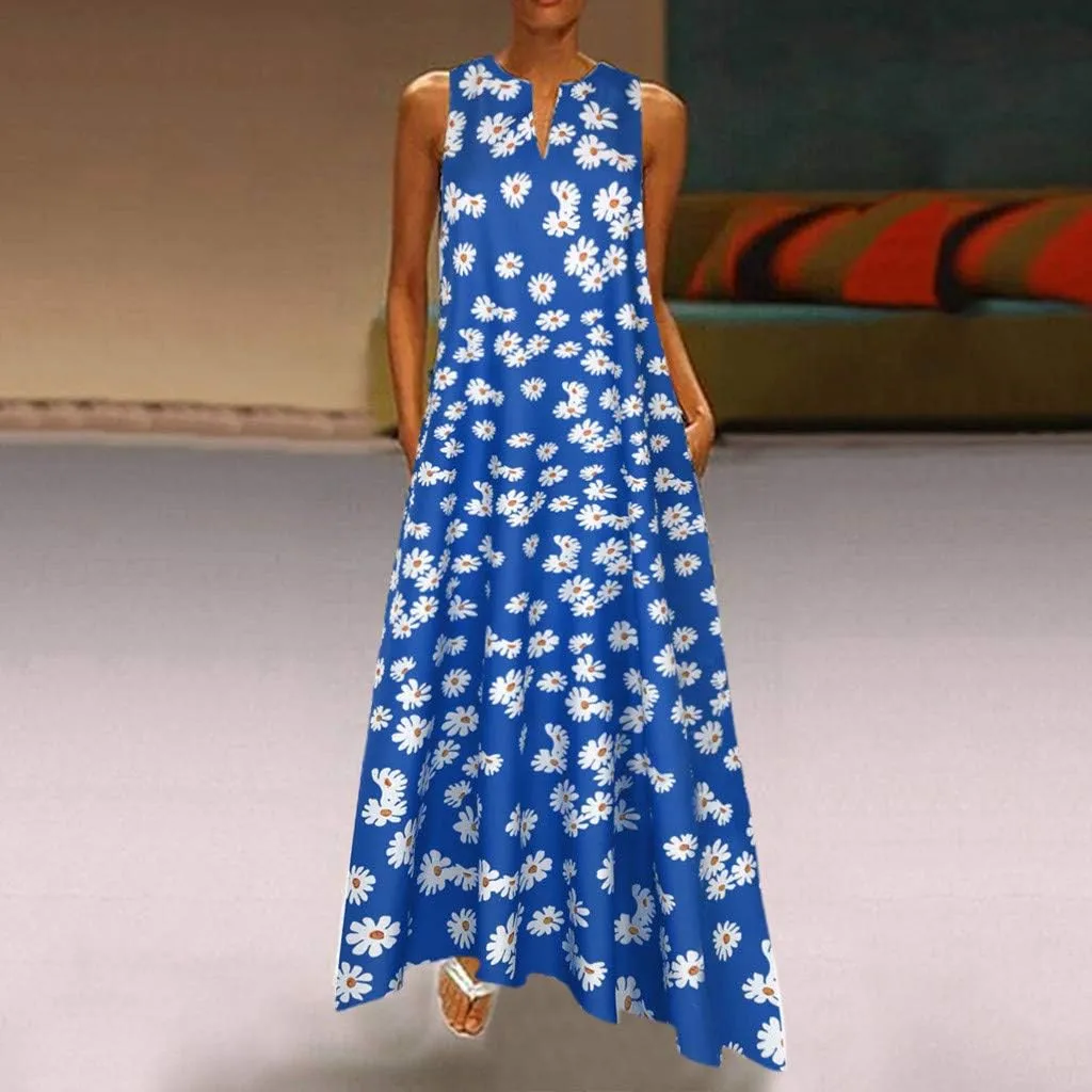 Plus Size Summer Dresses for Women Casual Loose Boho Sundress with Pockets V Neck Floral Print Sun Dress Maxi Dress