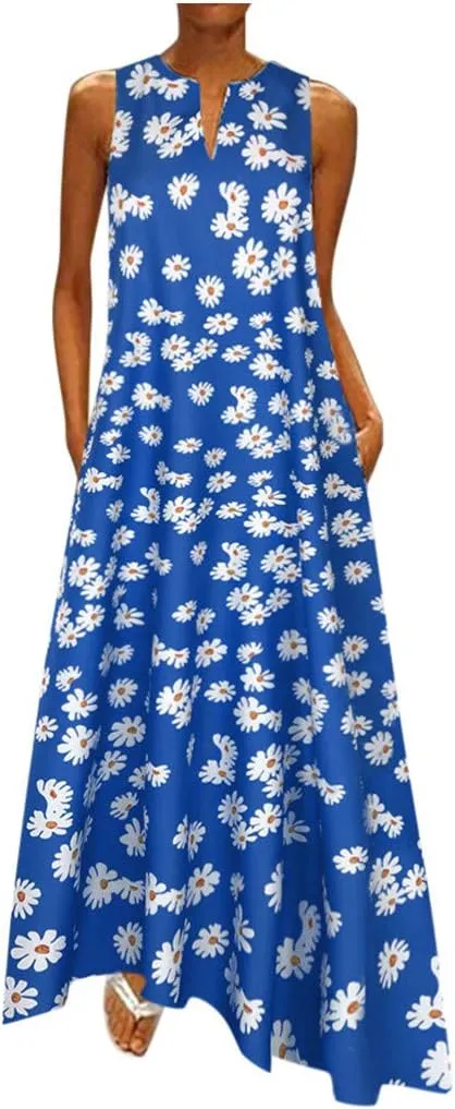 Plus Size Summer Dresses for Women Casual Loose Boho Sundress with Pockets V Neck Floral Print Sun Dress Maxi Dress