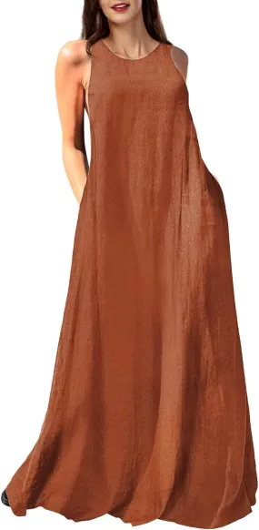 Rainday Women's Linen Dress Sleeveness Loose Dresses Casual Maxi Dress with Pockets