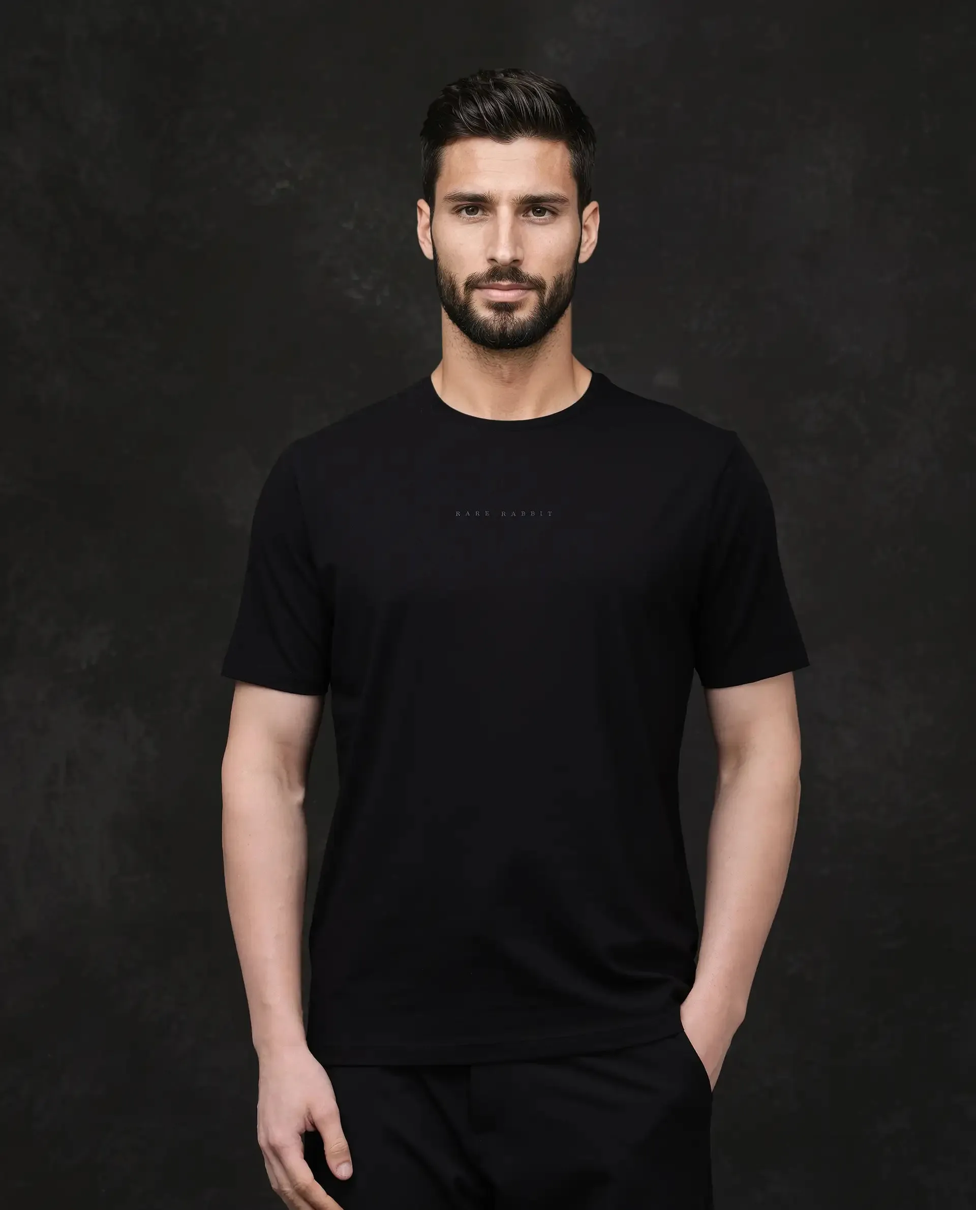 Rare Rabbit Men Paig Black Cotton Blend Fabric Short Sleeve Crew Neck Relaxed Fit Flock Backprint T-Shirt
