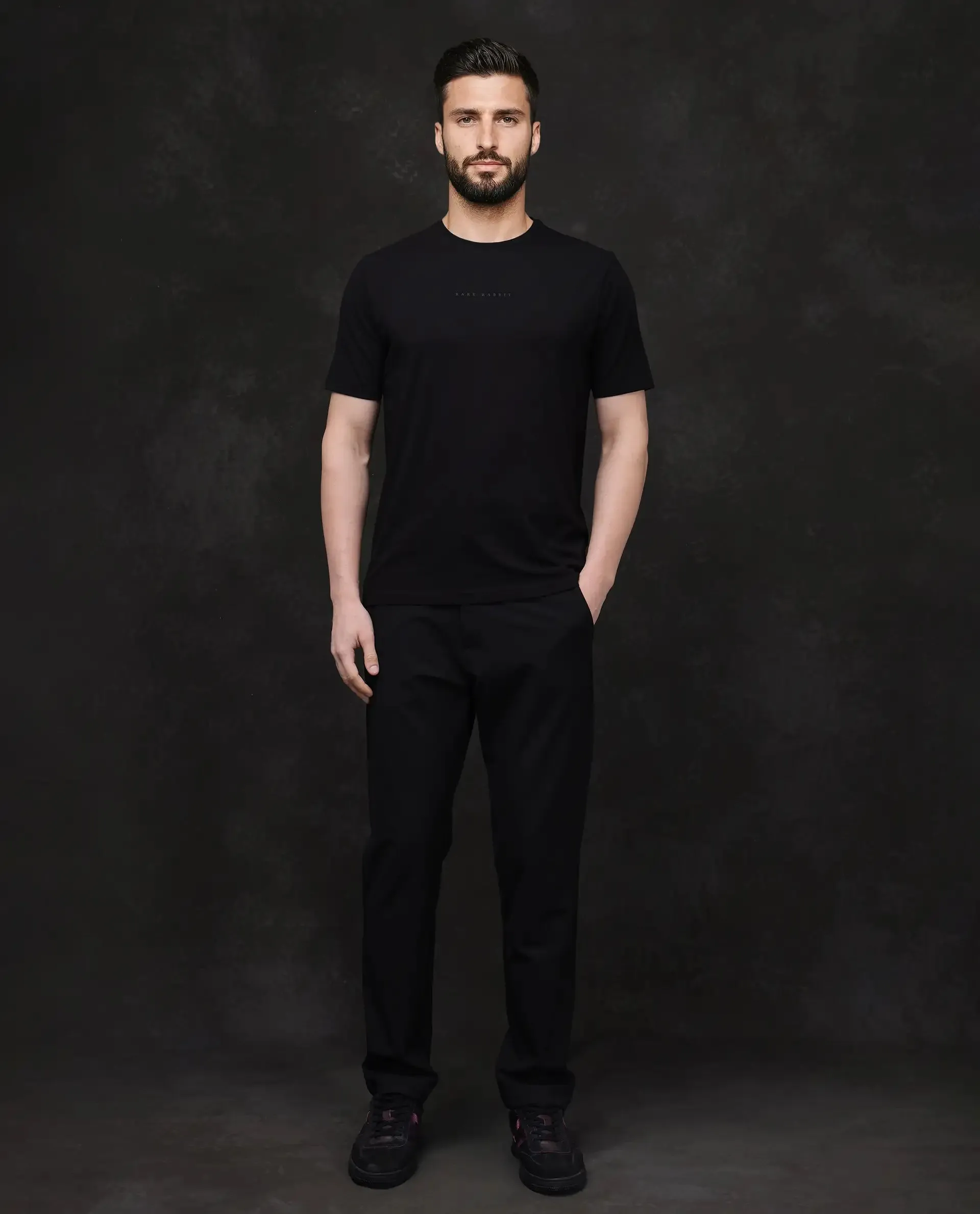 Rare Rabbit Men Paig Black Cotton Blend Fabric Short Sleeve Crew Neck Relaxed Fit Flock Backprint T-Shirt