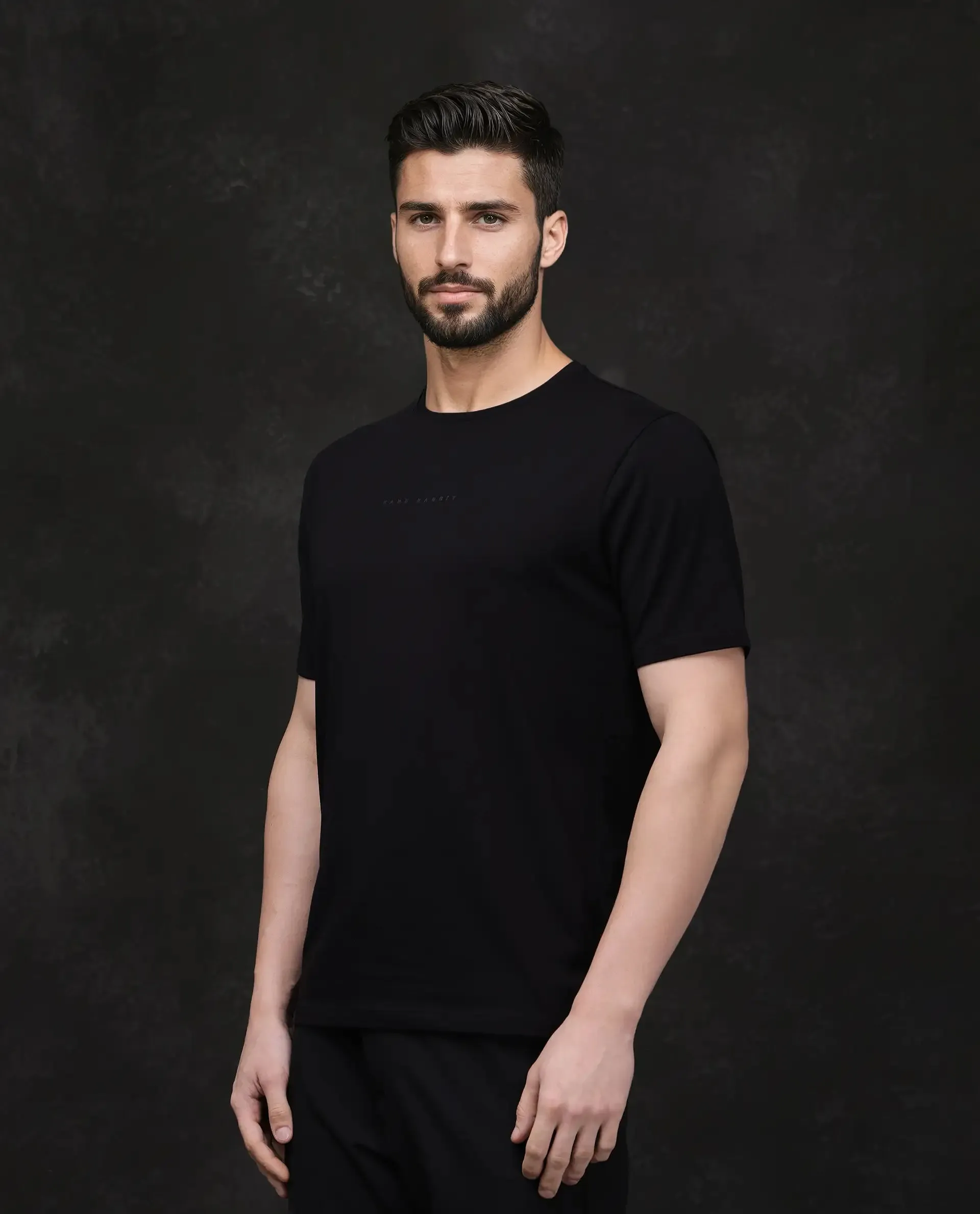 Rare Rabbit Men Paig Black Cotton Blend Fabric Short Sleeve Crew Neck Relaxed Fit Flock Backprint T-Shirt