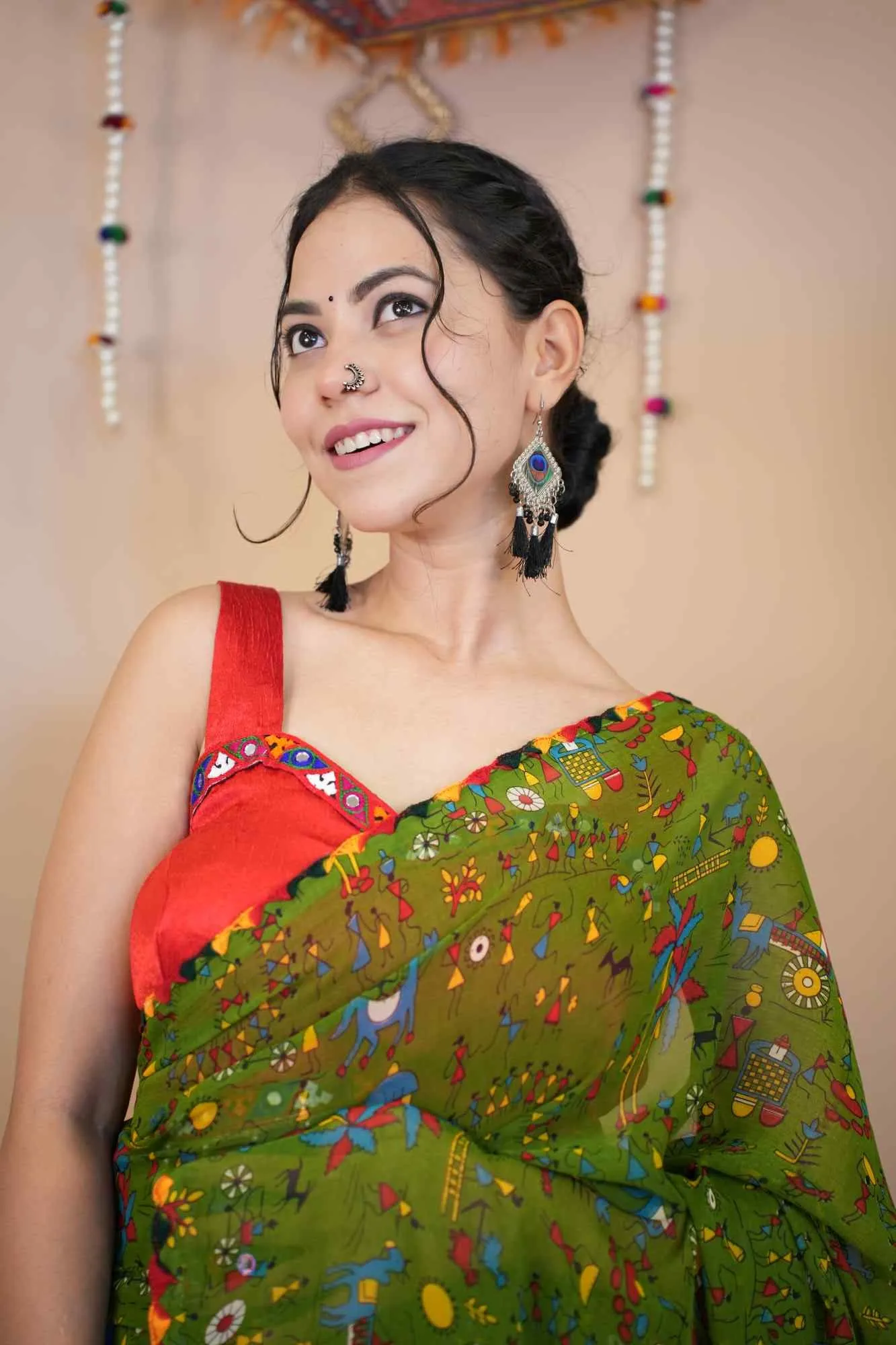 Rich Green Georgette Artistic Printed  With Thread Aari work Border Wrap in 1 minute saree