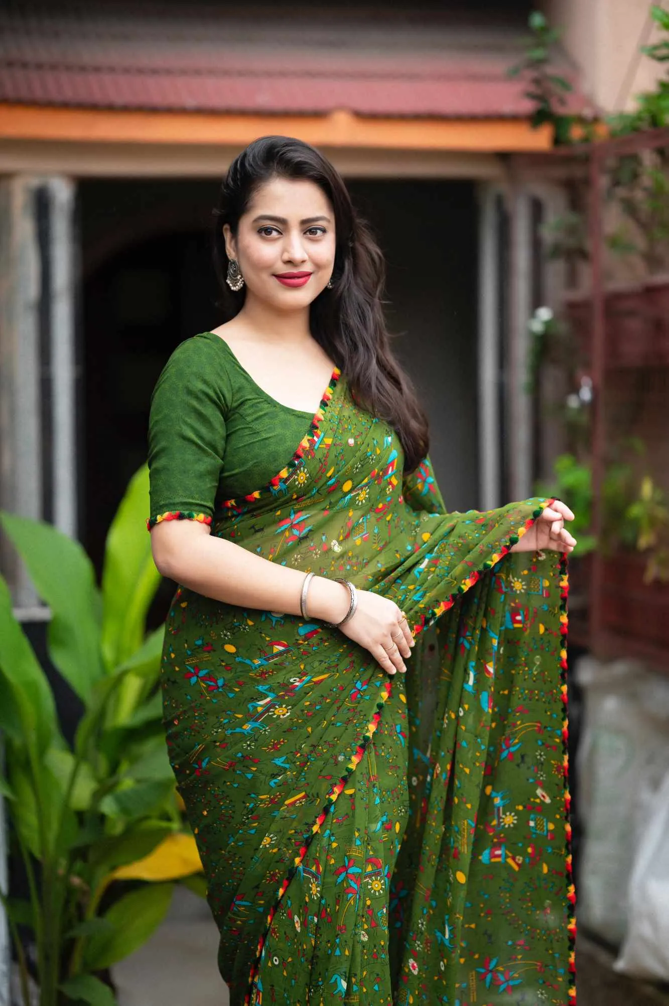 Rich Green Georgette Artistic Printed  With Thread Aari work Border Wrap in 1 minute saree
