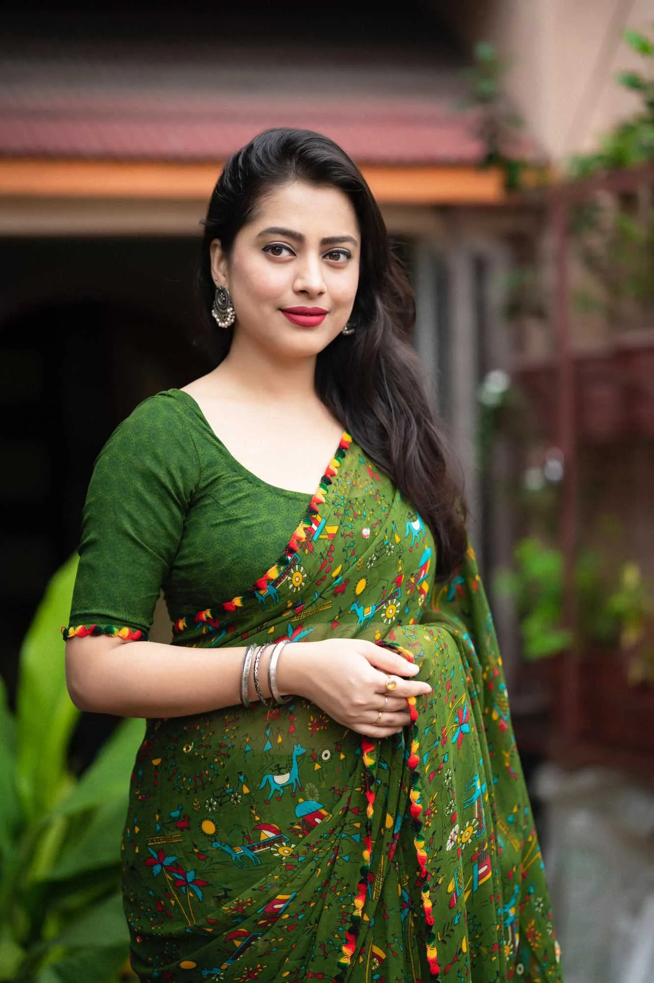 Rich Green Georgette Artistic Printed  With Thread Aari work Border Wrap in 1 minute saree