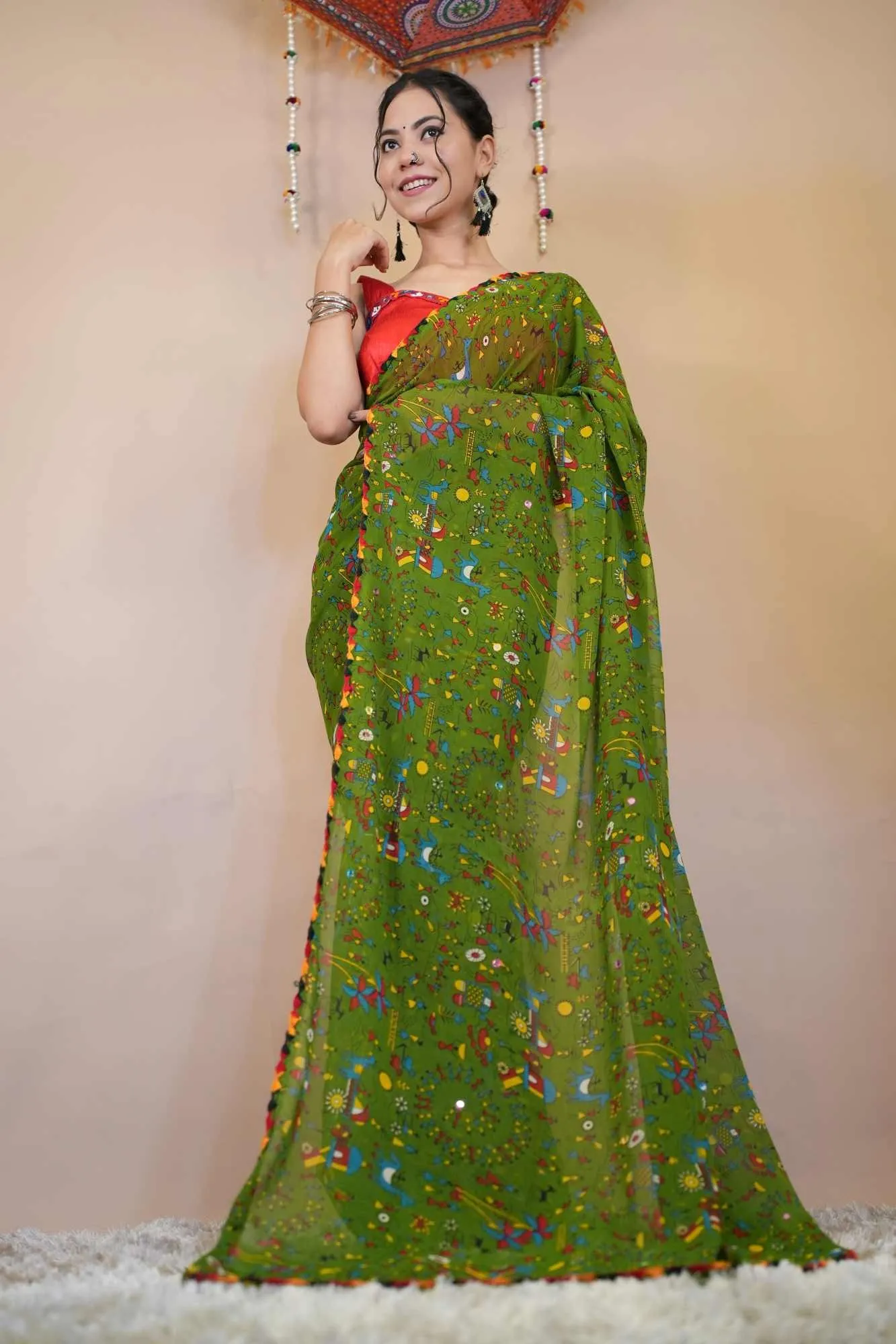 Rich Green Georgette Artistic Printed  With Thread Aari work Border Wrap in 1 minute saree