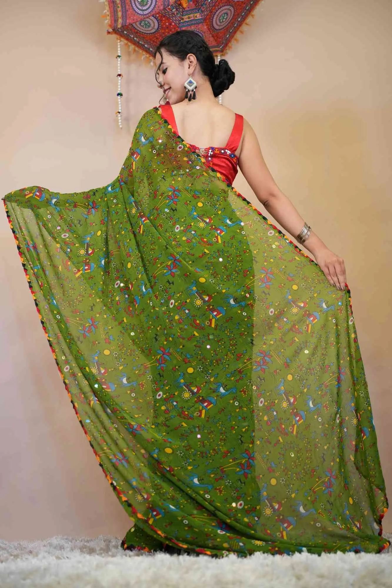 Rich Green Georgette Artistic Printed  With Thread Aari work Border Wrap in 1 minute saree