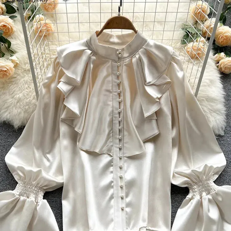 SINGREINY High Quality Satin Loose Shirt with Ruffles Sleeves
