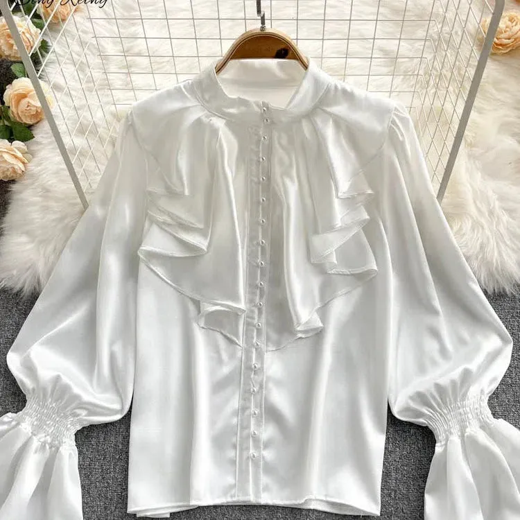 SINGREINY High Quality Satin Loose Shirt with Ruffles Sleeves
