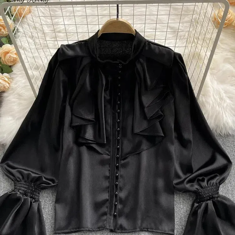 SINGREINY High Quality Satin Loose Shirt with Ruffles Sleeves