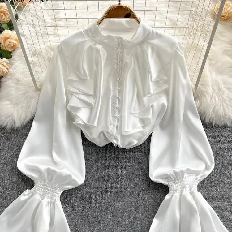 SINGREINY High Quality Satin Loose Shirt with Ruffles Sleeves